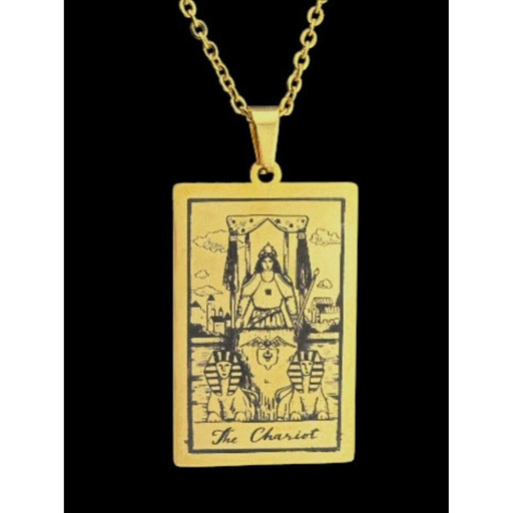 Chariot Tarot Card Necklace Gold Plated Stainless Steel Chain Handmade 18"